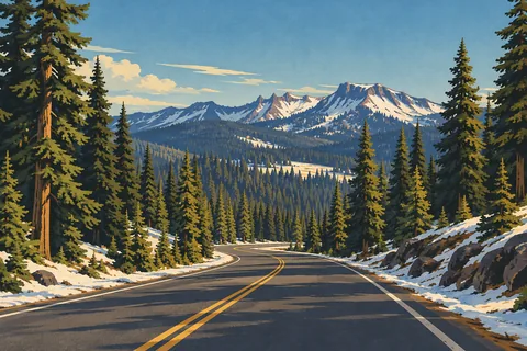 Route sinueuse bordée de neige traversant une forêt de conifères, avec des montagnes enneigées sous un ciel bleu