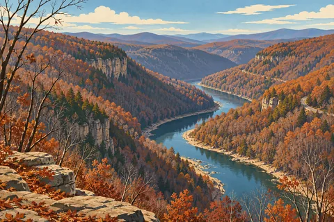 Une rivière serpente au fond de gorges boisées aux couleurs d’automne, entre falaises rocheuses et route à flanc de colline