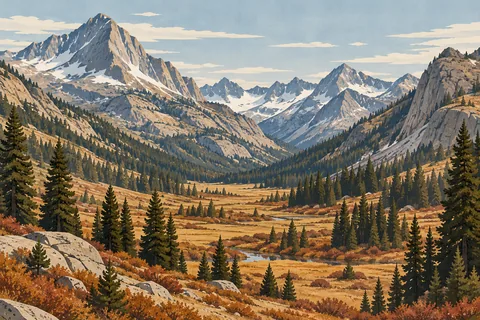 Vallée de montagne aux prairies dorées traversées par un ruisseau, entourée de conifères et de sommets rocheux enneigés